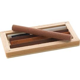 Kamienie osełki do szlifowania noży, dłut, narzędzi. Zestaw 5 szt w drewnianej kasecie