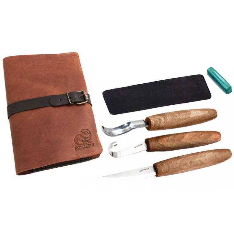 Beavercraft Zestaw do rzeźbienia 3 szt nóż, nóż do łyżek, dłuto w etui skórzanym S14X