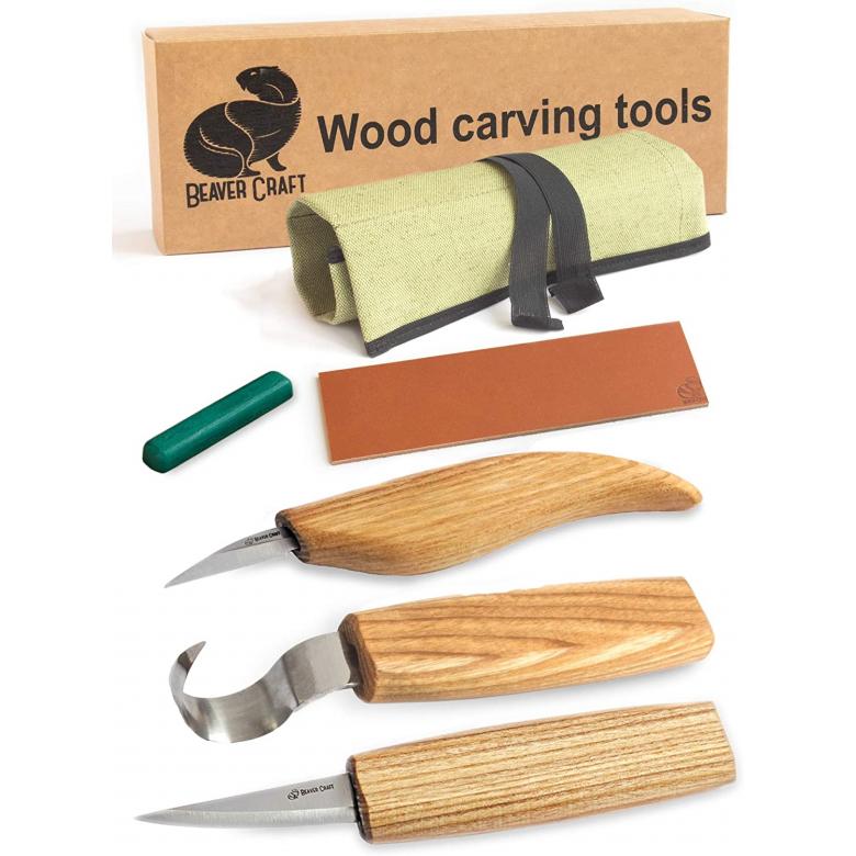 Beavercraft Zestaw 3 noży do rzeźbienia łyżek z akcesoriami do polerowania w etui S17