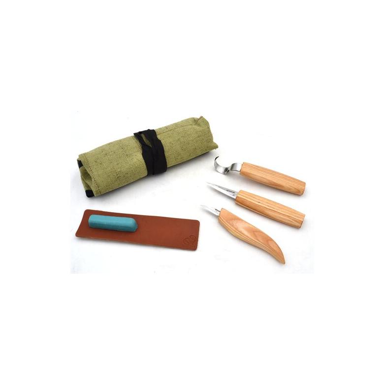 Beavercraft Zestaw 3 noży do rzeźbienia łyżek z akcesoriami do polerowania w etui S17