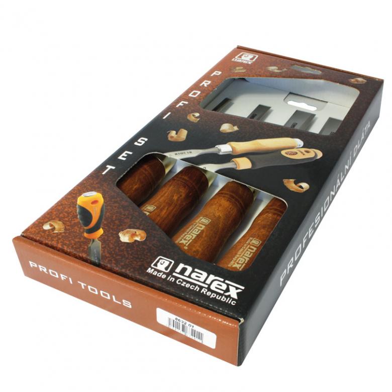 NAREX Dłuta stolarskie proste z fazowaniem bocznym PREMIUM 6-12-20-26 zestaw 4szt (863201)