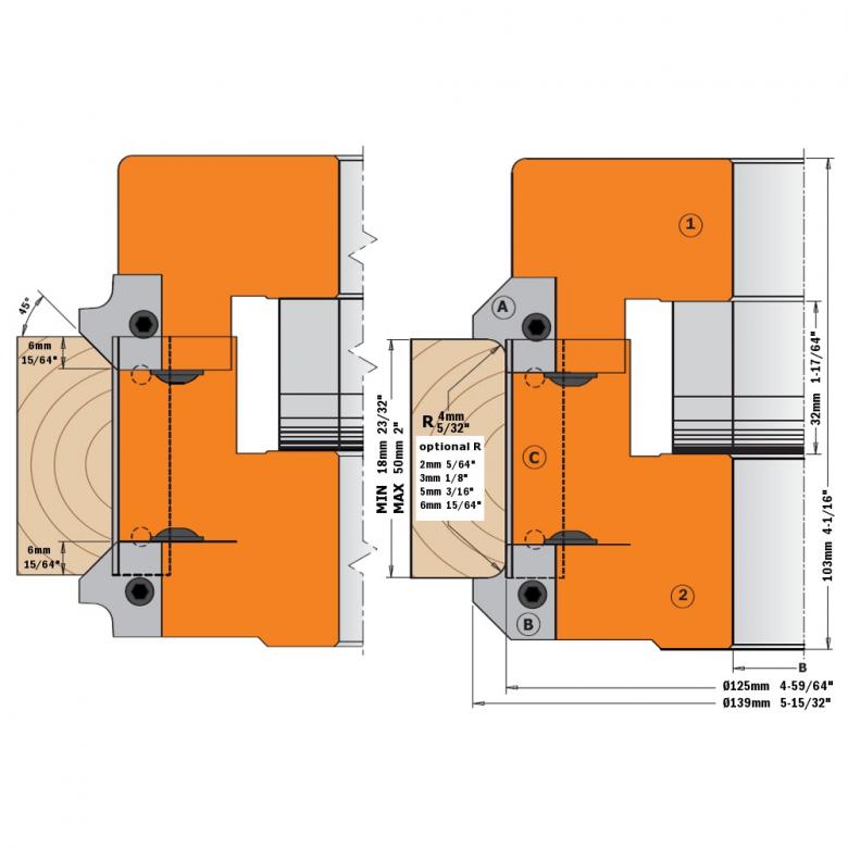 CMT Regulowany zestaw głowic do zaokrąglania i fazowania D-139 B-40 (694.005.40)