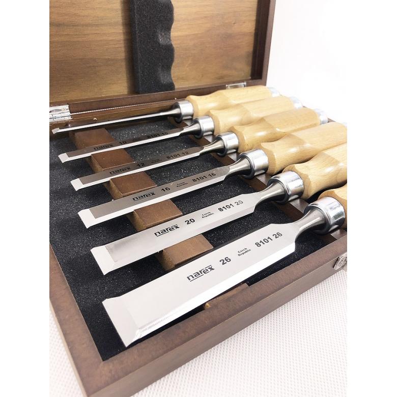 NAREX Dłuta stolarskie proste  WOOD LINE  w drewnianej kasecie - zestaw 6 szt (853055)