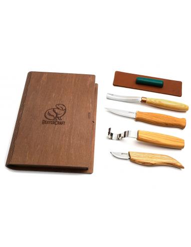 Beavercraft Zestaw do rzeźbienia 4 szt noże, nóż do łyżek, , dłuto S43Book
